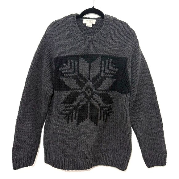 Crew Handknit 100% Lambswool Thick Snowflake Sweater Dark